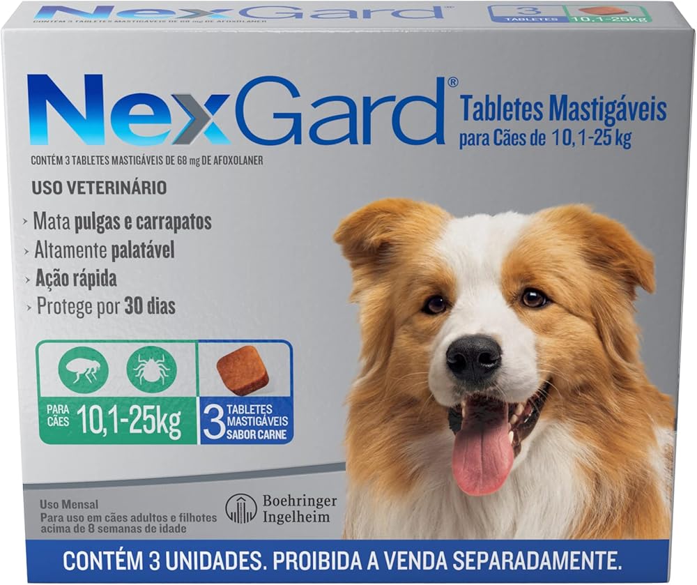 NexGard Antipulgas e Carrapatos para Cães de 10.1 a 25kg - 3 tabletes