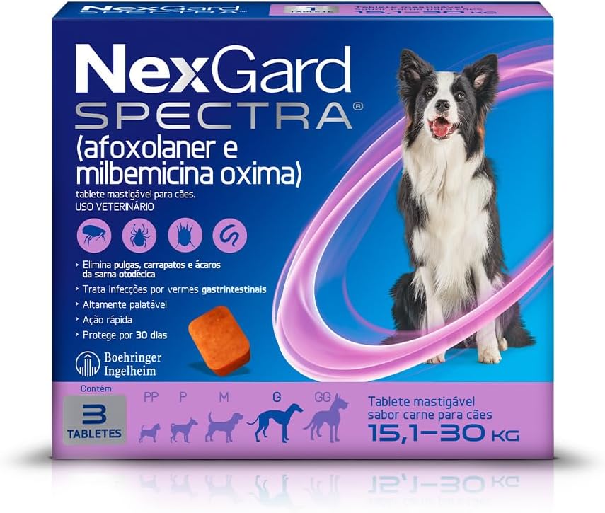 NexGard SPECTRA Antipulgas e Vermífugos para Cães de 15,1 a 30kg - 3 tabletes